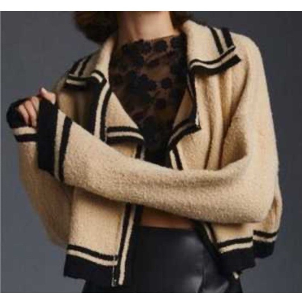 Anthropologie Cream and Black Trim Bouclé Cardigan